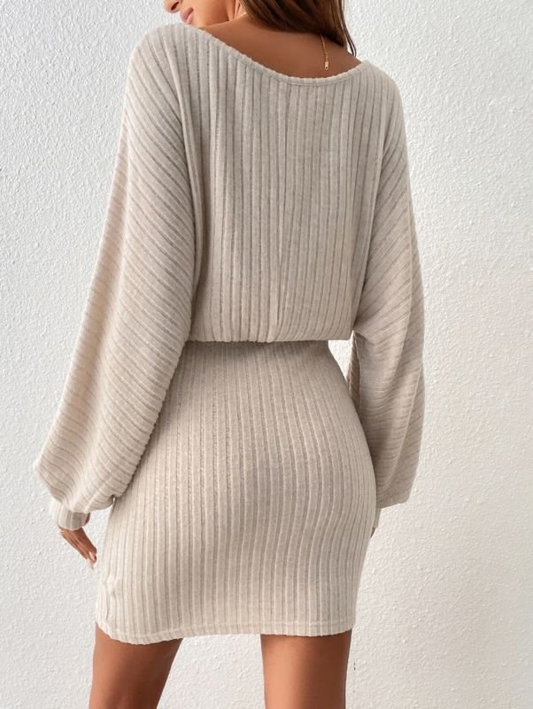 Autumn Winter Women Fashion Long Sleeve Pit Strip Knitted Dress