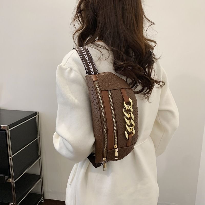Women Fashion Double-Layer Zipper Metal Chain Decoration Wide Shoulder Strap Chest Bag