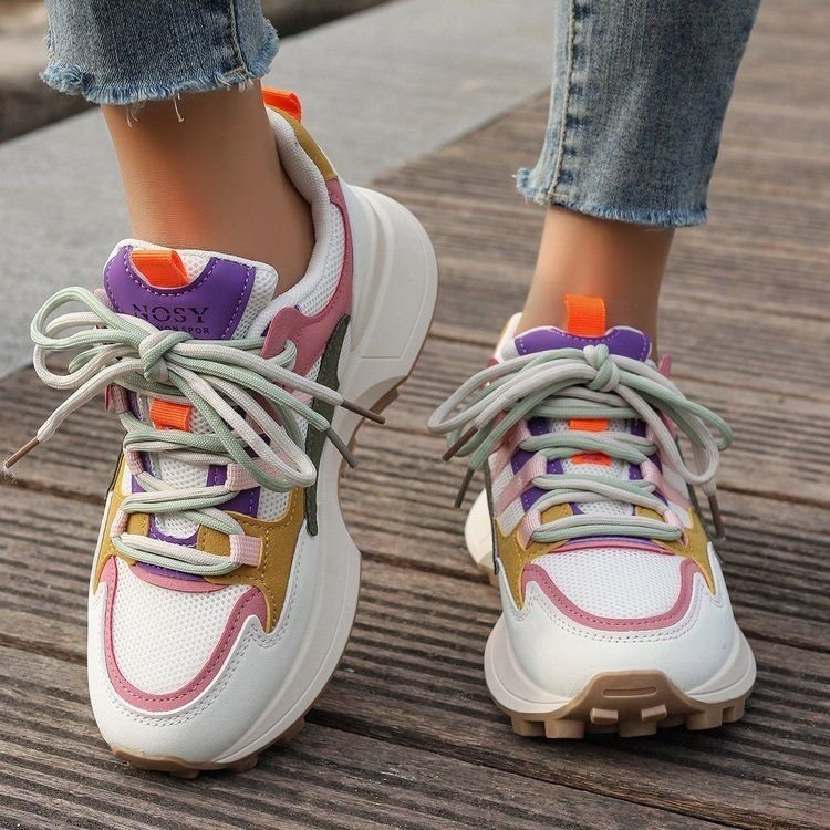 Women Fashion Vintage Multicolor Round Toe Lace-Up Thick-Soled Sneaker