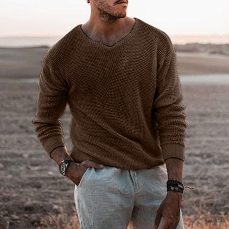 Men Knitwear Casual Loose V-Neck Long Sleeve Pullover Sweater