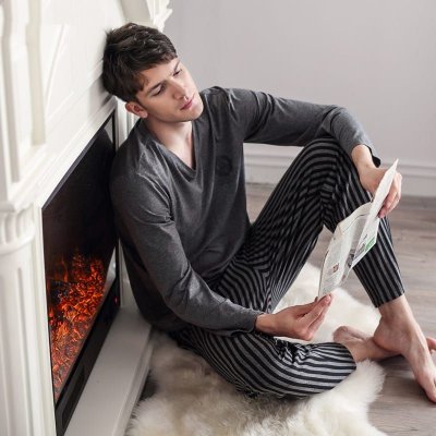 L-3XL Men Long Sleeve Solid Color Stripe Home Pajamas Sets