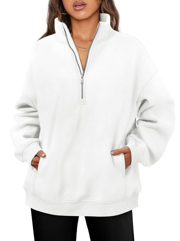 Women Fashionable Solid Color Thickened Long Sleeve Sweatshirt With Half Zip Collar