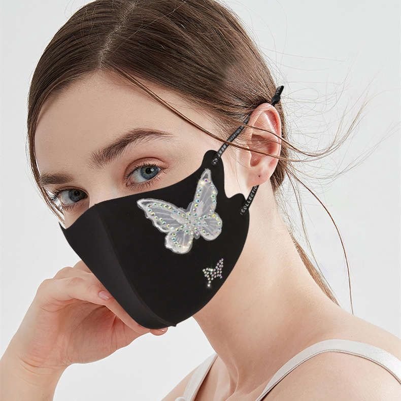 Women Three-Dimensional Butterfly Embroidery Rhinestone Decoration Cold Feeling Ice Silk Sunscreen Breathable Mask