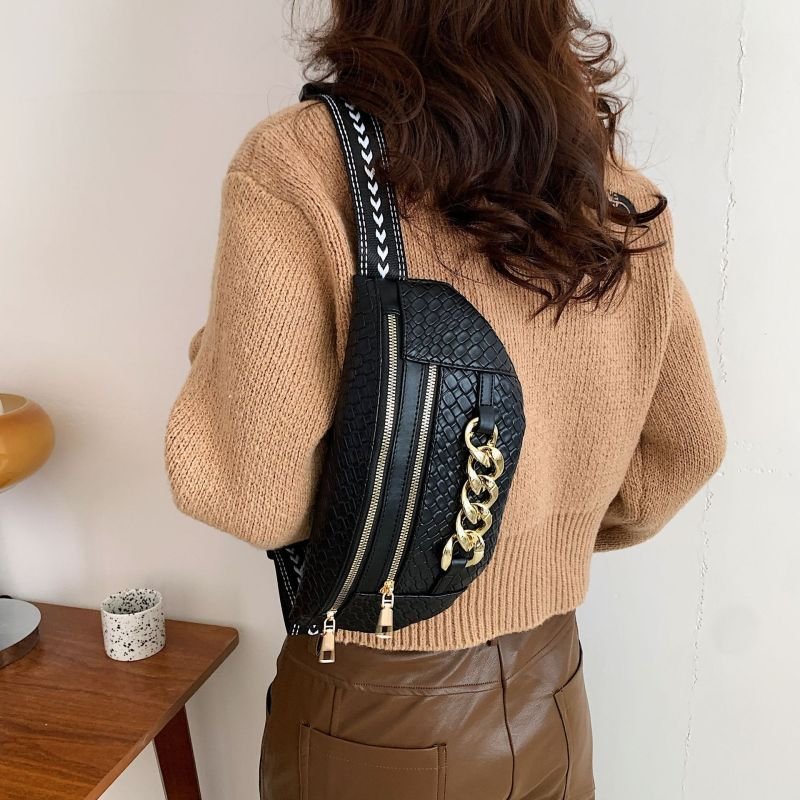 Women Fashion Double-Layer Zipper Metal Chain Decoration Wide Shoulder Strap Chest Bag