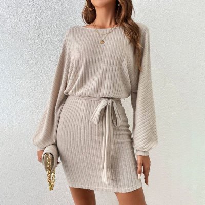 Autumn Winter Women Fashion Long Sleeve Pit Strip Knitted Dress