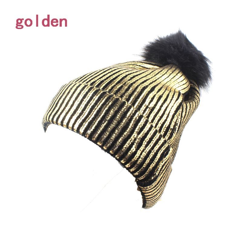 Women Fashion Solid Color Bronzing Pinstripe Warm Knitted Hat