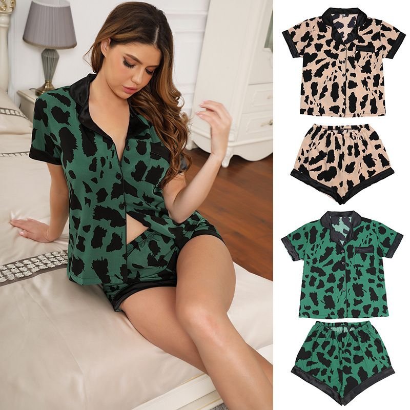 Women Fashion Leopard Print Short Sleeve Top And Shorts Pajamas Two-Piece Set