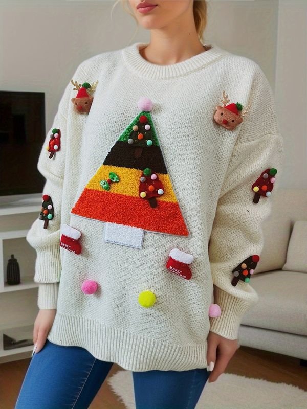 Women Fashion Three-Dimensional Christmas Tree Jacquard Decorative Crewneck Long Sleeve Knitted Sweater