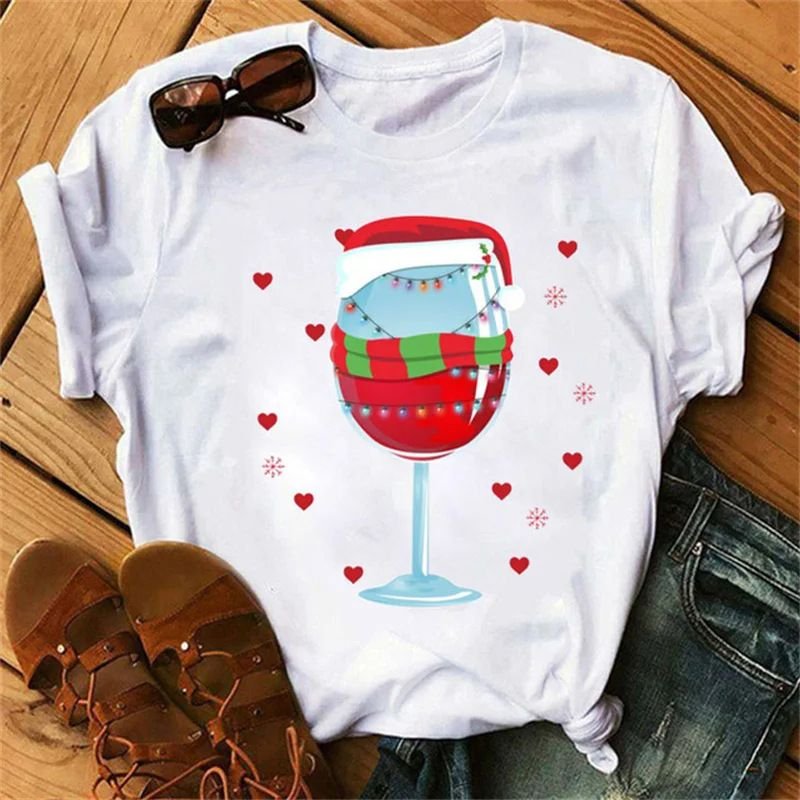 Summer Women Fashion Cartoon Christmas Wine Cup Christmas Hat Printed Round Neck Short Sleeve T-Shirt