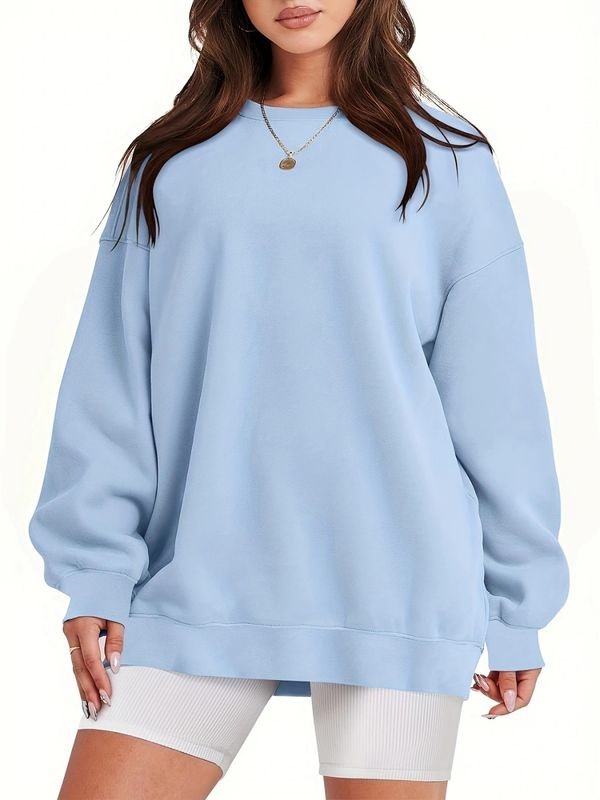 Women Athleisure Fashion Solid Color Loose Round Neck Long Sleeve Sweatshirt
