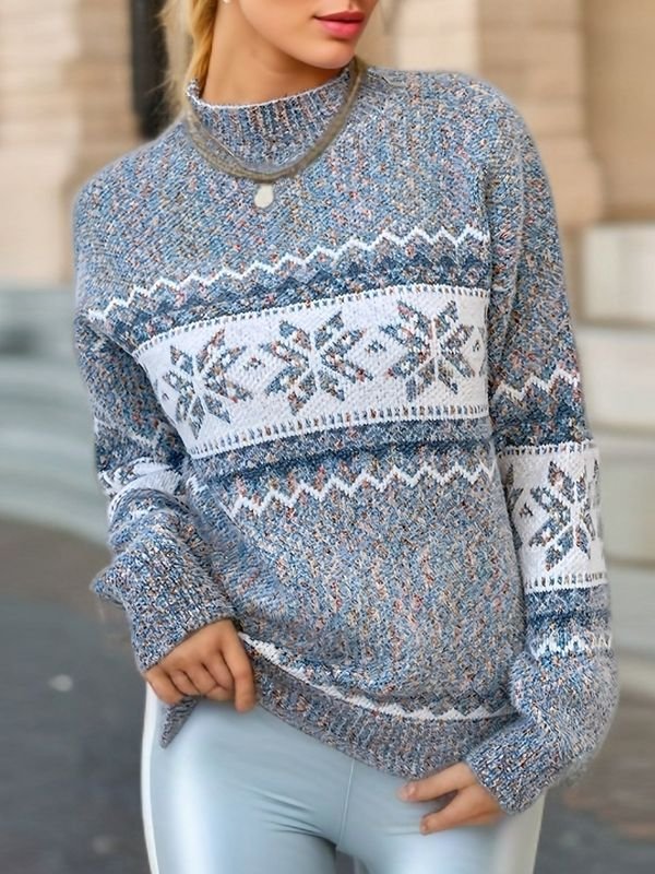 Autumn Winter Women Fashion Christmas Snowflake Crewneck Long Sleeve Knitted Sweater