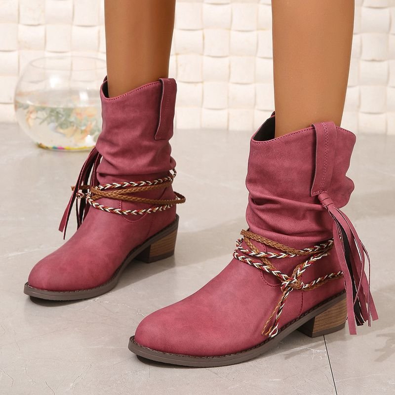 Autumn And Winter Women Fashion Plus Size Retro Tassel Round Toe Short Boots