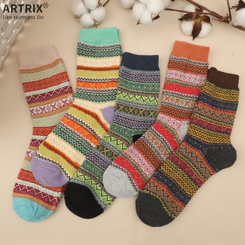 Neutral Simple Folk Wind Warm Thick Geometric Knitted Socks 5 Pairs-Bag