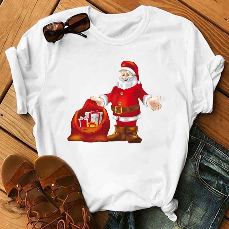 Summer Women Fashion Cartoon Christmas Snowman Santa Claus Print Round Neck Short Sleeve T-Shirt