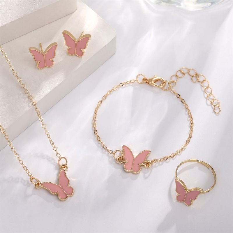 Women Simple Fashion Dropping Oil Butterfly Necklace Earrings Bracelet Ring Four-Piece Set