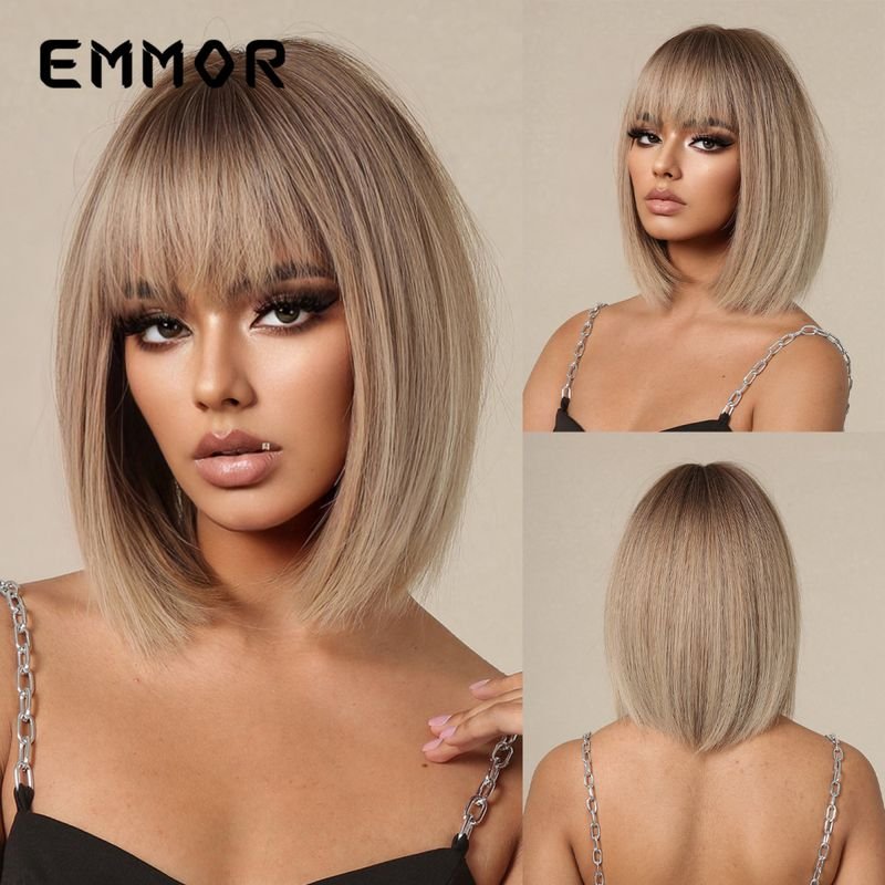 Women Fashionable Natural Breathable Bangs Short Straight Bobo Head Wig