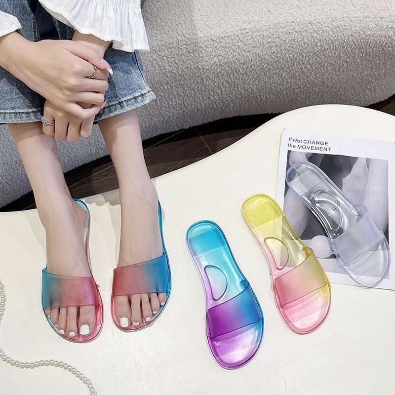 Women Fashion Multicolor Transparent Flat Slippers