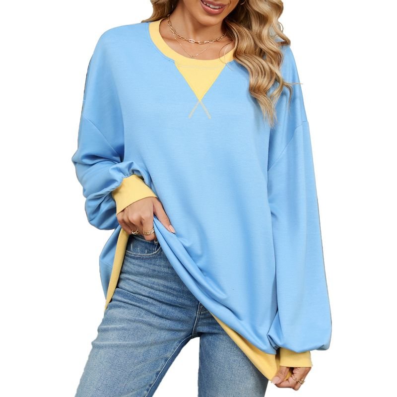 Women Fashion Simple Color Block Crewneck Long Sleeve Sweatshirt