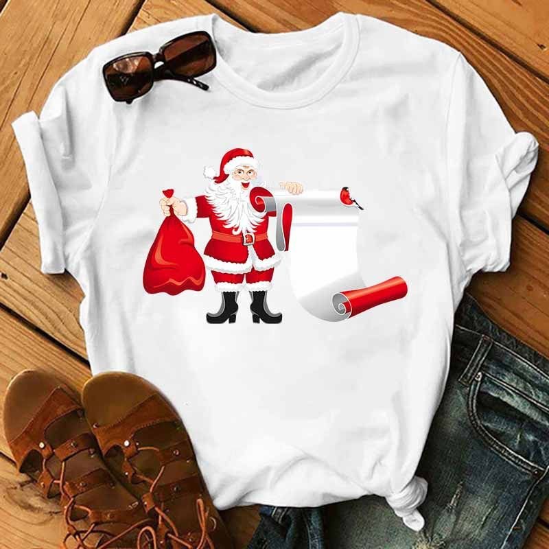 Summer Women Fashion Cartoon Christmas Snowman Santa Claus Print Round Neck Short Sleeve T-Shirt