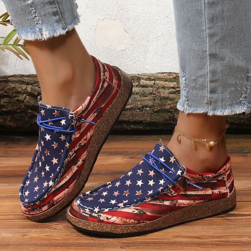 Summer Women Casual Plus Size American Independence Day Star Print Slip-On Shoes