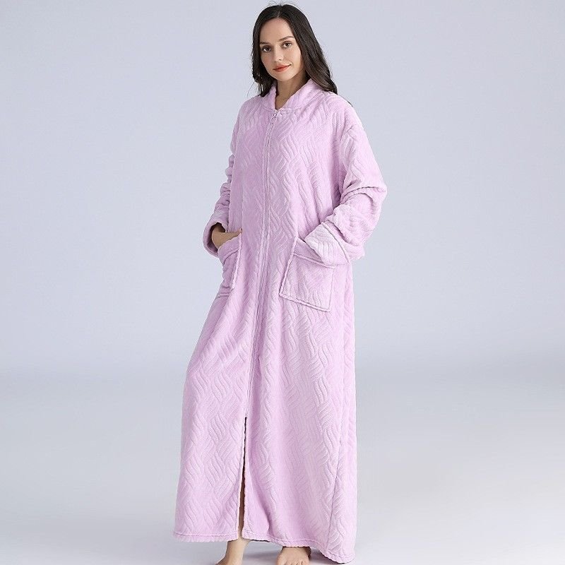 Couples Winter Fashion Casual Home Solid Color Stripe Flannel V Neck Zipper Long Sleeve Robes Sleepwear