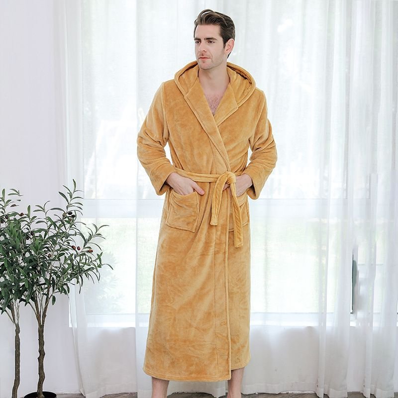 Men Winter Fashion Casual Home Solid Color Flannel Lapel Long Sleeve Hooded Robes Sleepwear