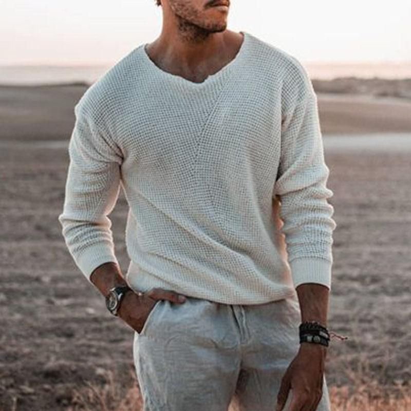 Men Knitwear Casual Loose V-Neck Long Sleeve Pullover Sweater