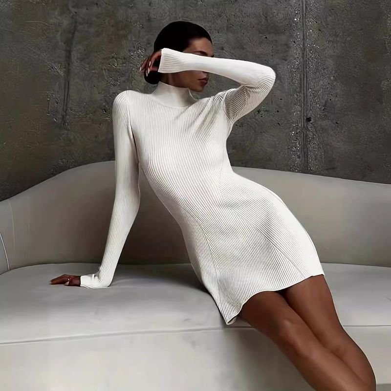 Autumn Winter Women Casual Solid Color Long Sleeve Knitted Slim Fit Dress