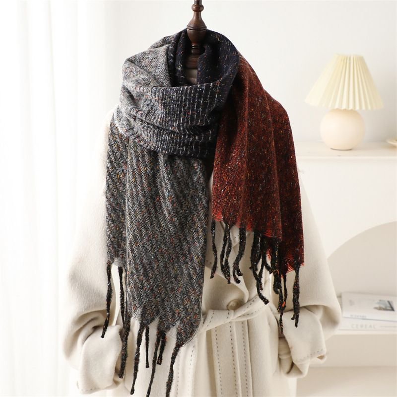 Autumn Winter Women Fashion Geometric Gradient Imitation Cashmere Warm Tassel Shawl Scarf