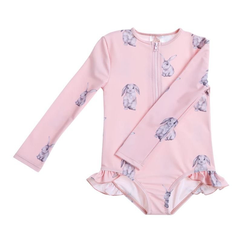 Kids Toddler Girls Casual Cute Tiny Flower Bunny Print Long Sleeve One Piece Swimwear