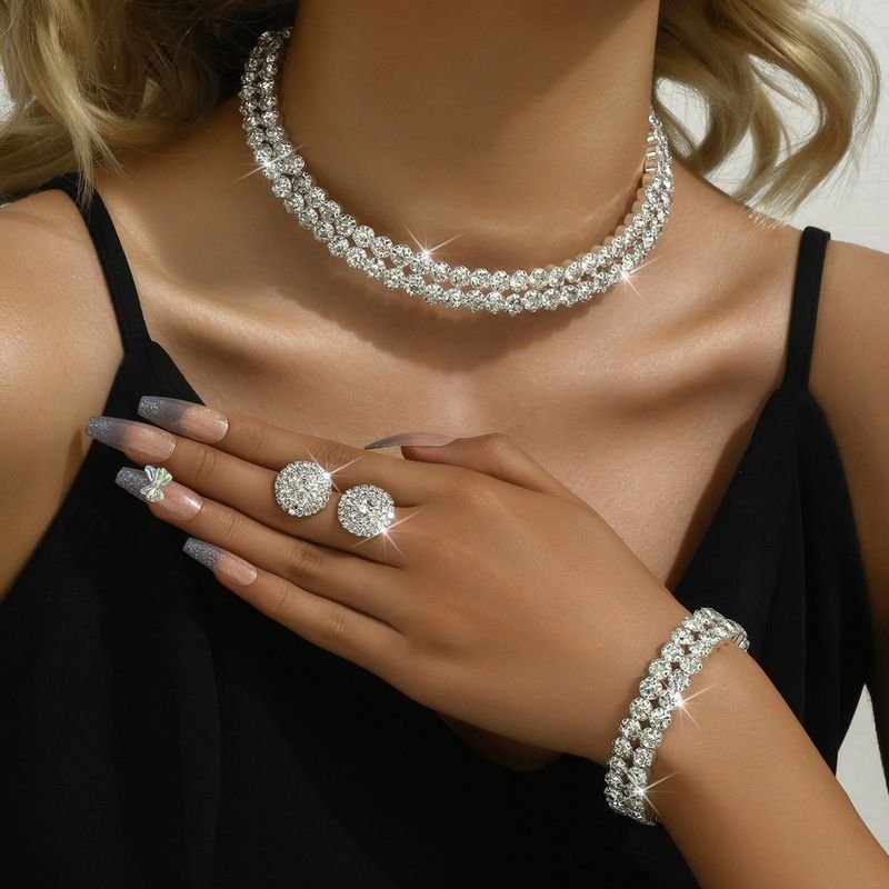 Women Fashion Simple Rhinestone Necklace Bracelet Earrings Three-Piece Set