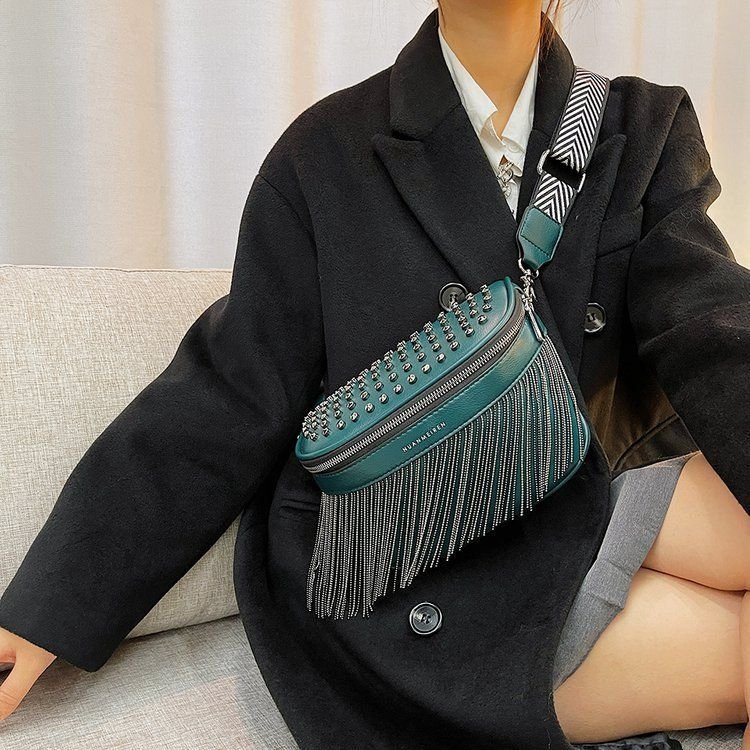 Women Creative Tassel Decoration Rivet Design Solid Color Waist Chest Bag