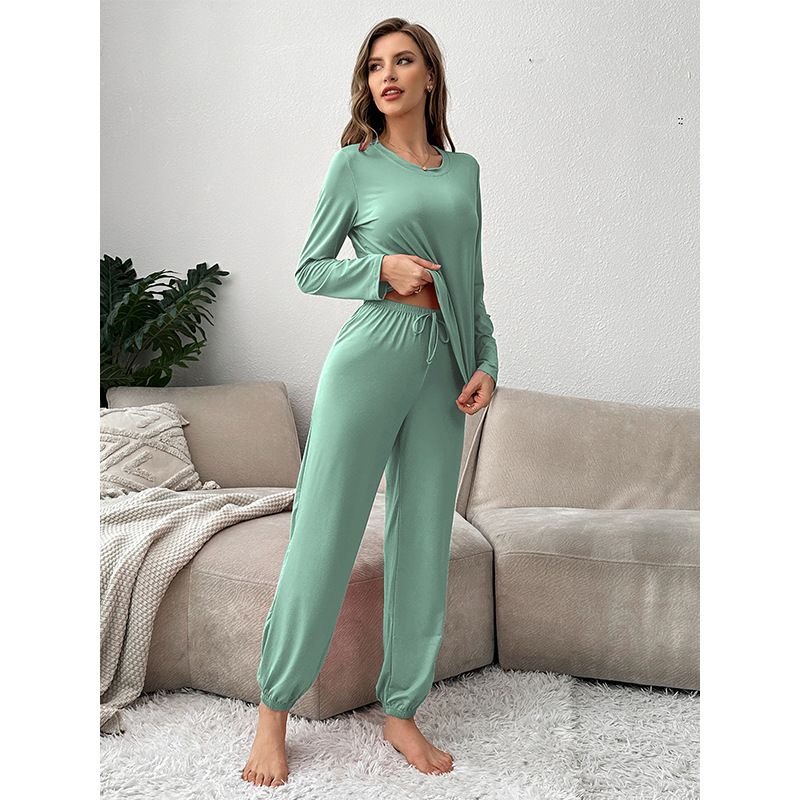 Women Casual Solid Color Long Sleeve Top And Pants Pajamas Two-Piece Set