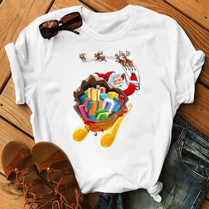 Summer Women Fashion Cartoon Christmas Snowman Santa Claus Print Round Neck Short Sleeve T-Shirt