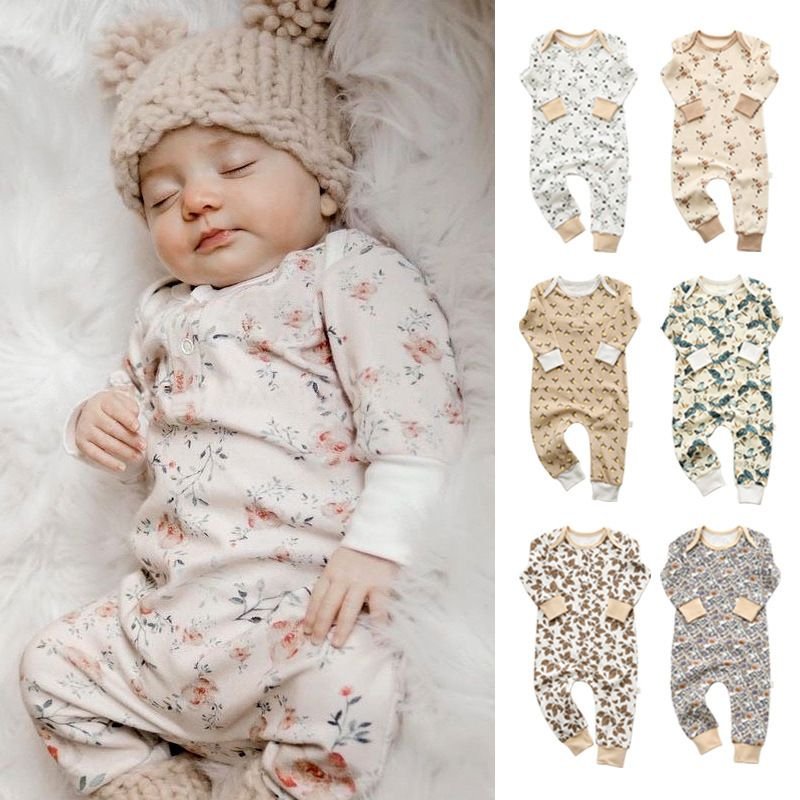 Baby Cute Round Neck Long Sleeve Floral All Over Print Jumpsuit