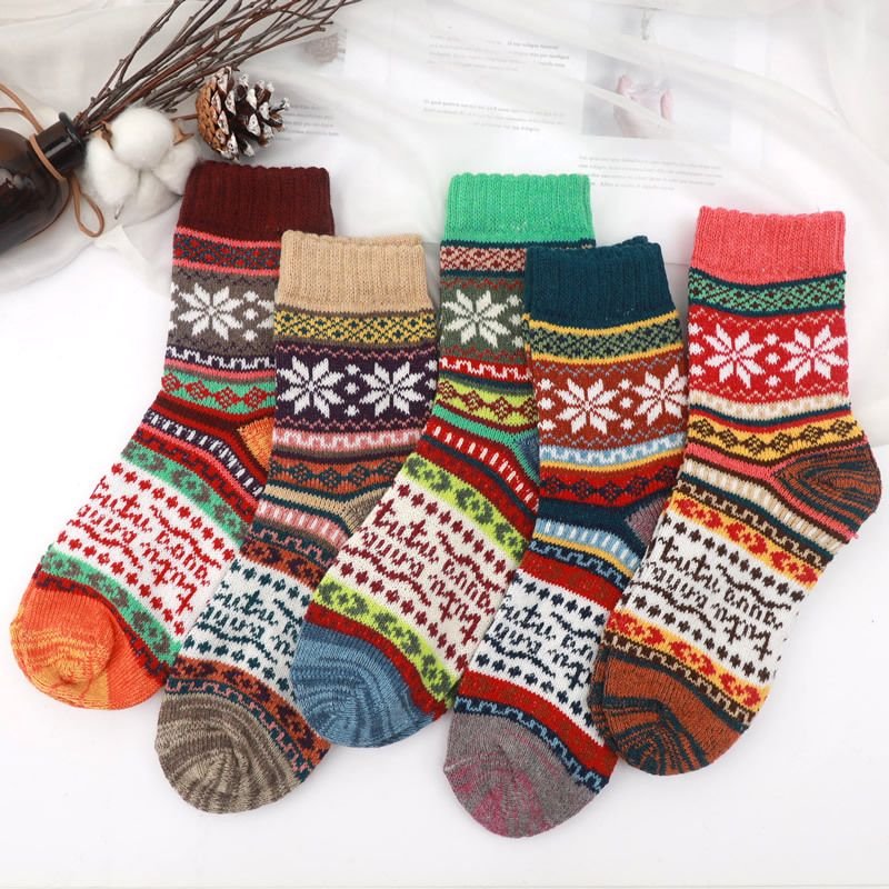 Neutral Simple Folk Wind Warm Thick Geometric Knitted Socks 5 Pairs-Bag