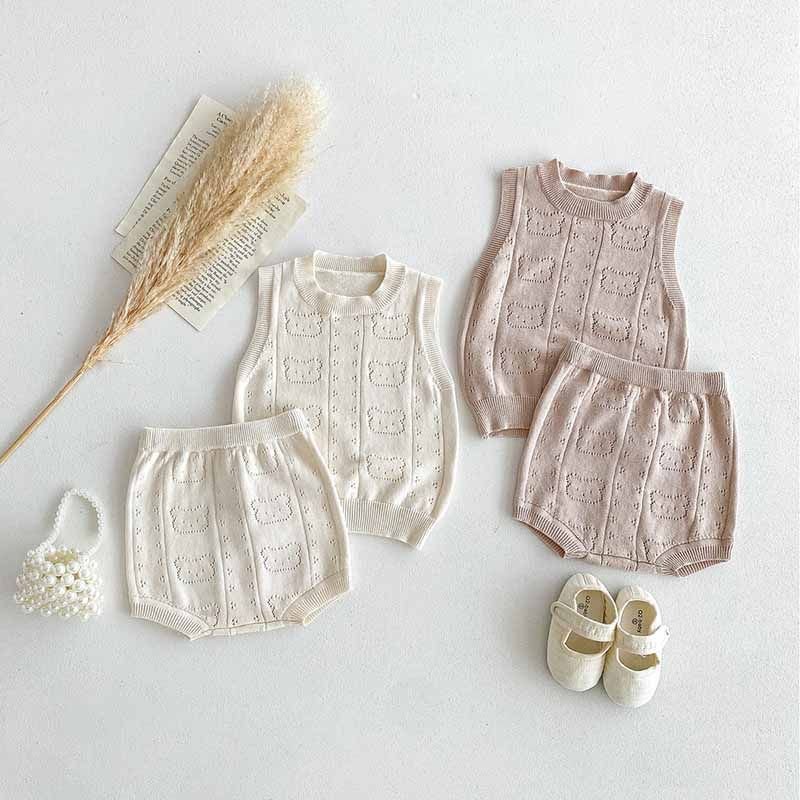 Kids Baby Boys Girls Casual Cute Cartoon Bear Knitwear Sleeveless Top Shorts Sets