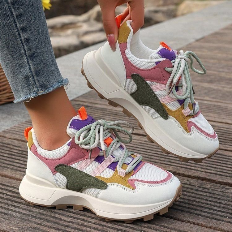 Women Fashion Vintage Multicolor Round Toe Lace-Up Thick-Soled Sneaker