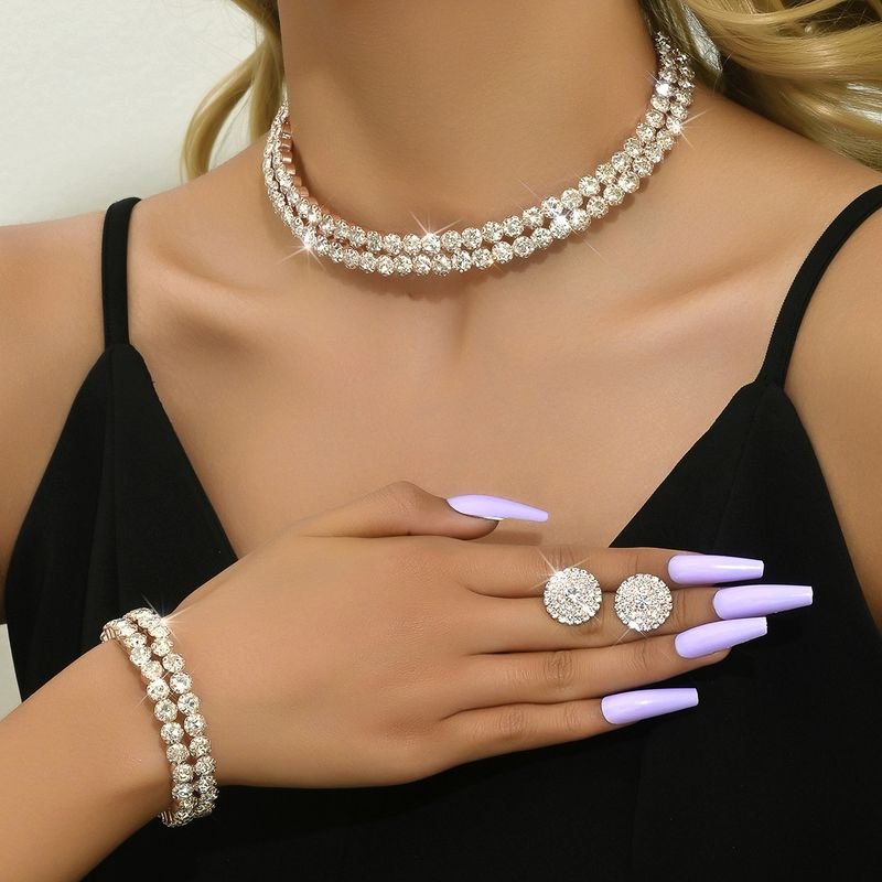 Women Fashion Simple Rhinestone Necklace Bracelet Earrings Three-Piece Set