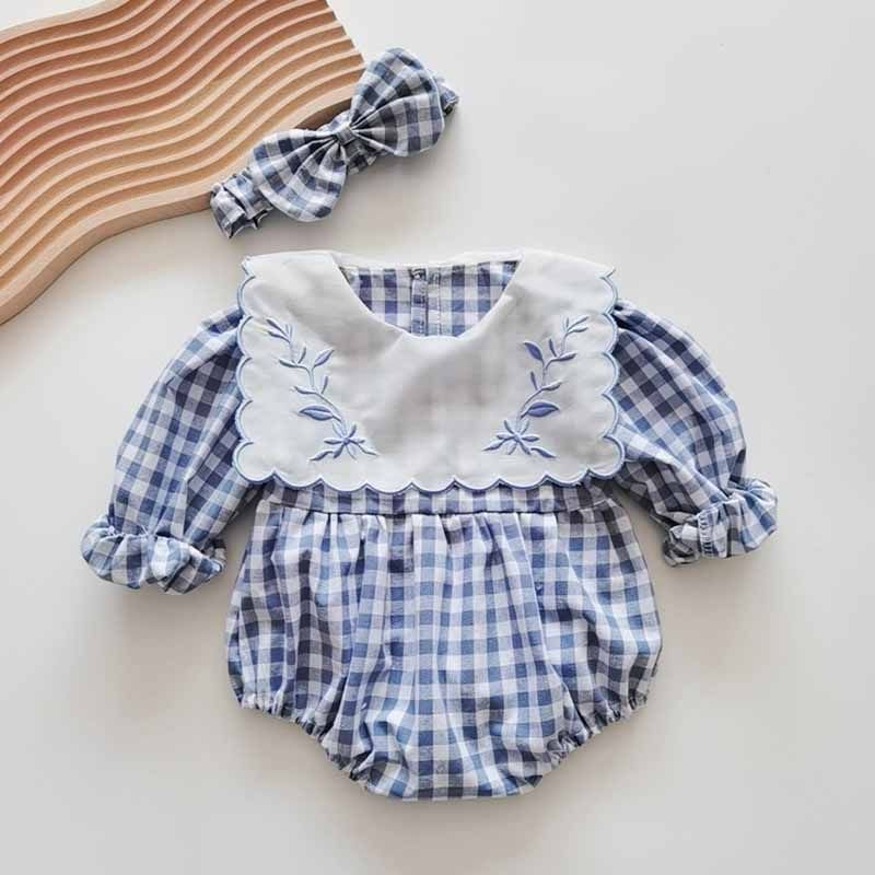 Kids Baby Girls Casual Cute Plaid Print Long Sleeve Peter Pan Collar Romper