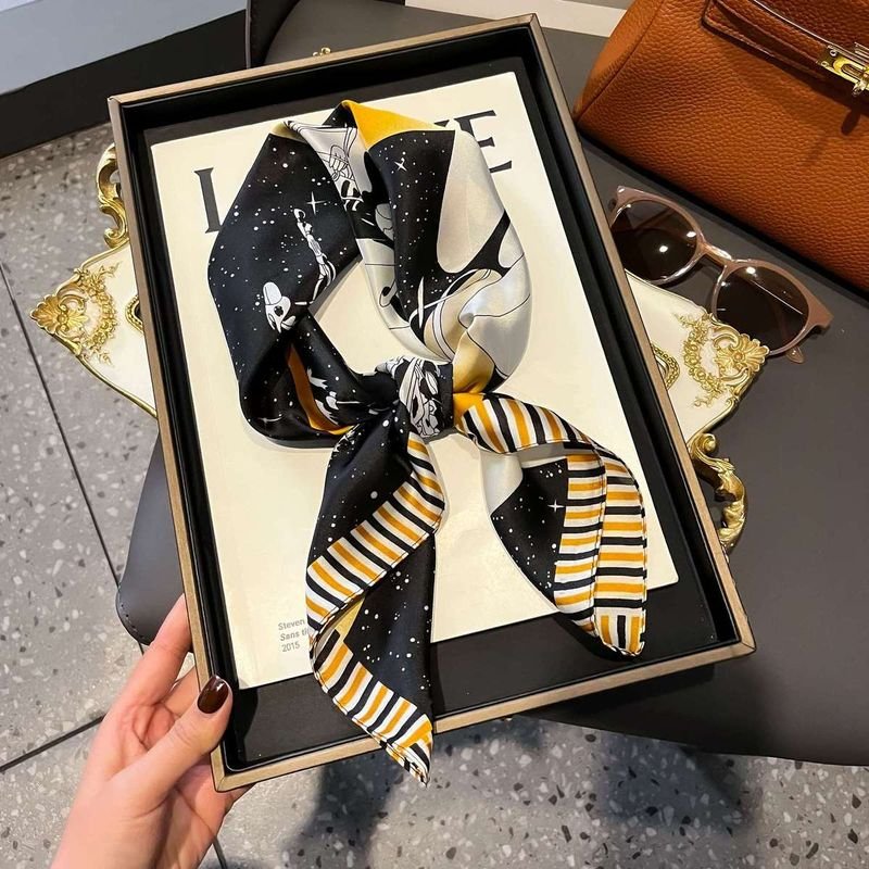 Women Fashion Stripe Letter Floral Print Square Silk Scarf