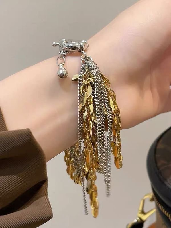 Women Fashion Irregular Gold And Silver Two-Color Wheat Tassel Chain Bracelet