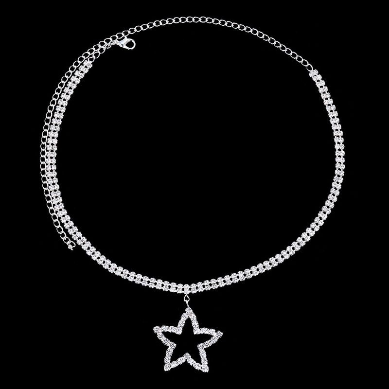 Women Fashion Double Rhinestone Star Pendant Necklace