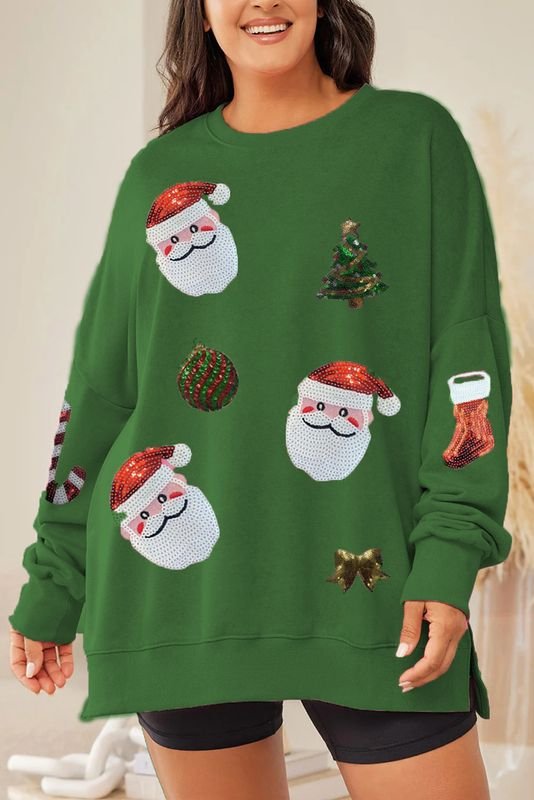 Women Fashion Christmas Tree Santa Claus Sequin Round Neck Long Sleeve Sweatshirt