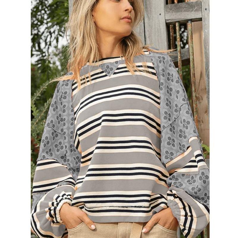 Autumn Winter Women Fashion Stripe Floral Printed Loose Round Neck Long Sleeve Sweatshirt