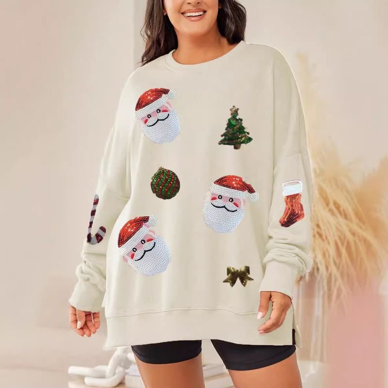 Women Fashion Christmas Tree Santa Claus Sequin Round Neck Long Sleeve Sweatshirt