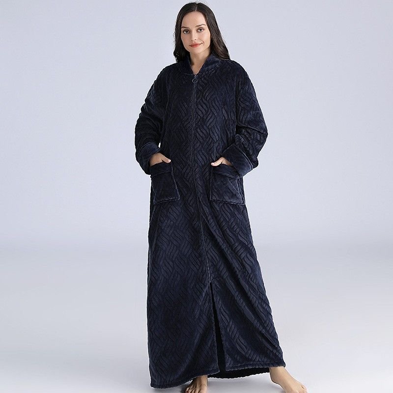 Couples Winter Fashion Casual Home Solid Color Stripe Flannel V Neck Zipper Long Sleeve Robes Sleepwear