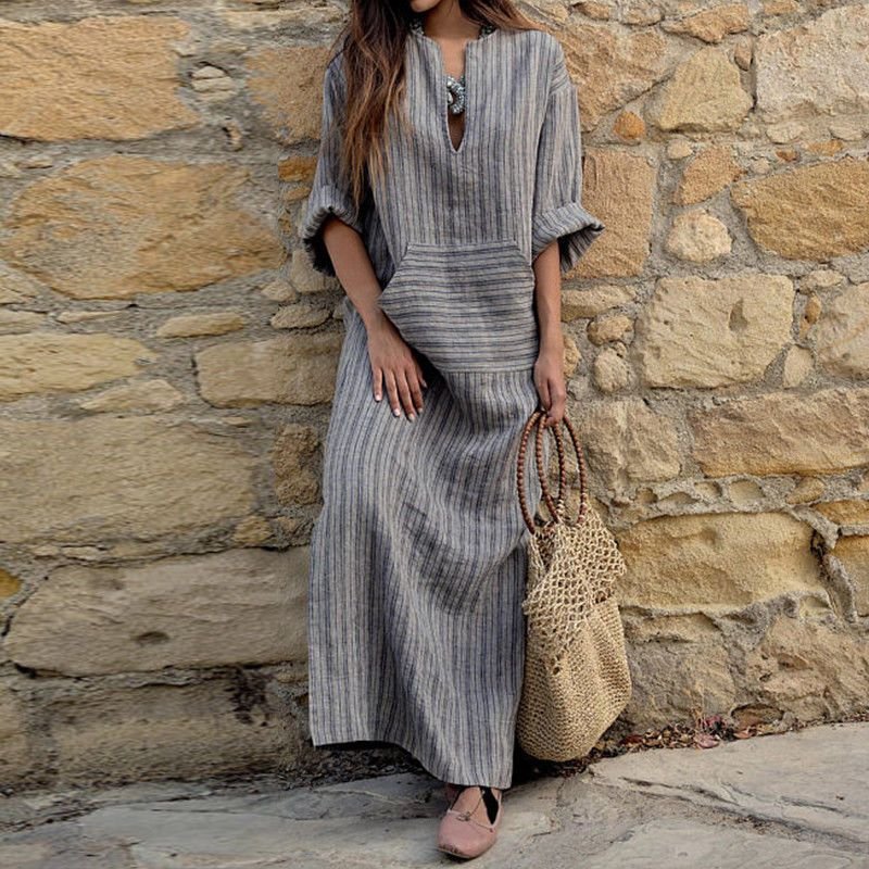 Women Fashion Casual Cotton Linen Yarn-Dyed Striped Loose Maxi Dress