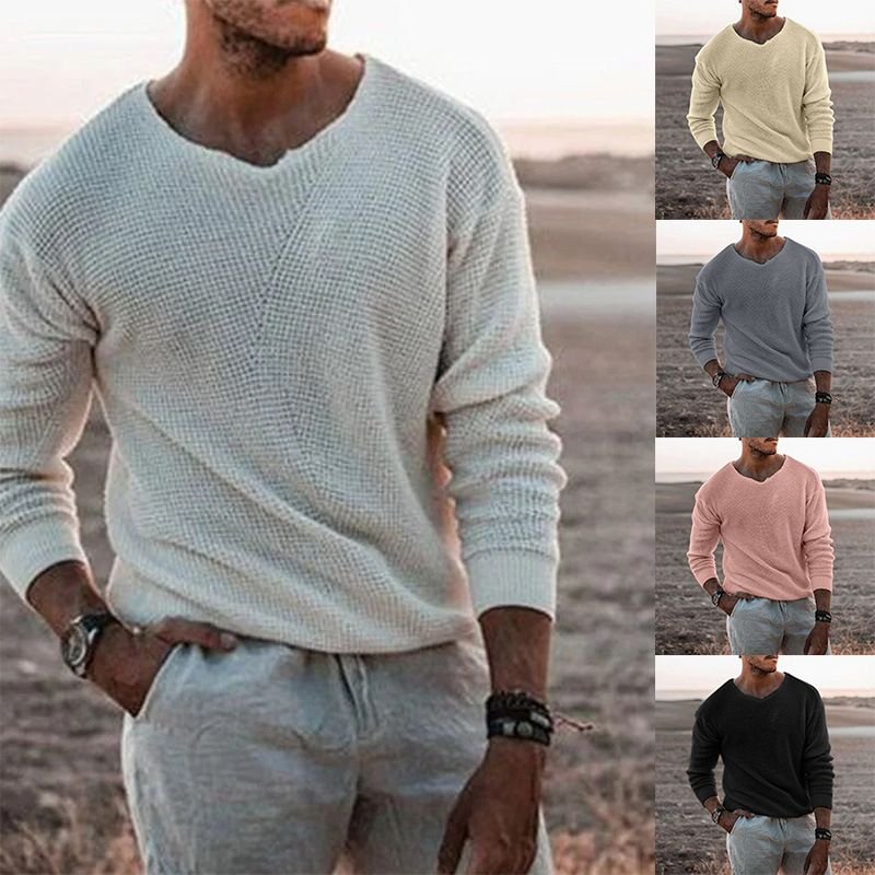 Men Knitwear Casual Loose V-Neck Long Sleeve Pullover Sweater