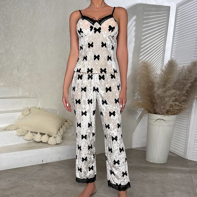 Women Fashion Sexy Bow Print Lace Sling Gold Velvet Pajamas Set